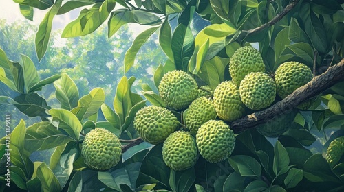 Luminous Green: A Cluster of Atemoya Fruits on a Lush Branch photo