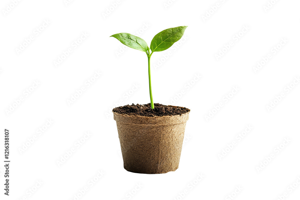 Growing plant in eco-friendly biodegradable pot isolated on white or transparent, PNG