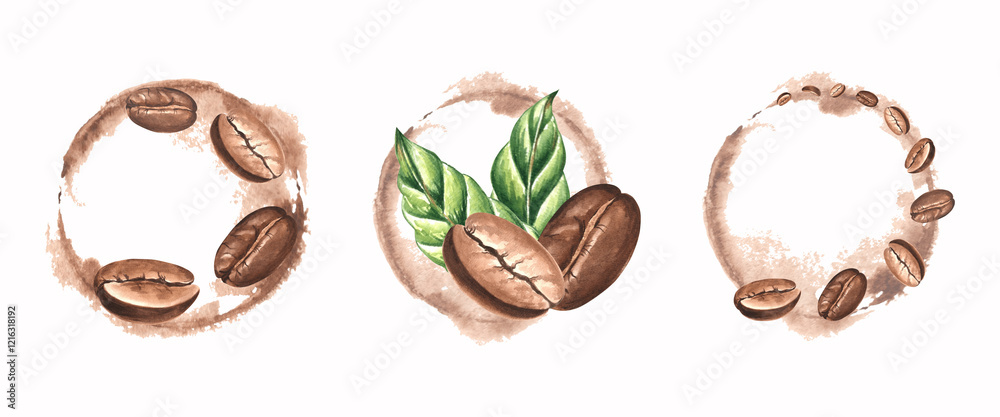 Obraz premium Compositions from roasted coffee beans. Set of watercolor hand drawn illustrations isolated. Harvest of tropical plantation. Ingredients for aromatic drink. Clipart of Arabica grains for packaging.