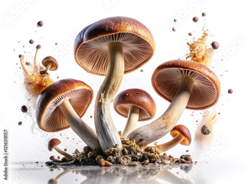 Minimalist Falling Wood Blewit Mushrooms on White & Transparent Backgrounds - Stock Photo