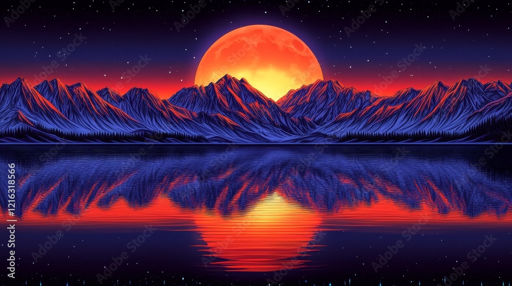 Fototapeta premium Pixel art sunset over majestic mountains reflected in a tranquil lake