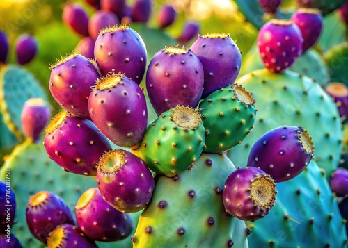 Prickly Pear Cactus Close-Up: Vibrant Purple Fruit & Spiky Green Pads