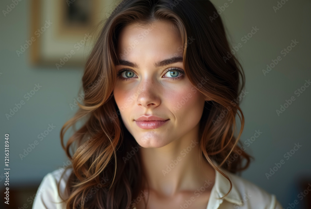 Fototapeta premium A young woman with dark brown hair and blue eyes wearing a white shirt.