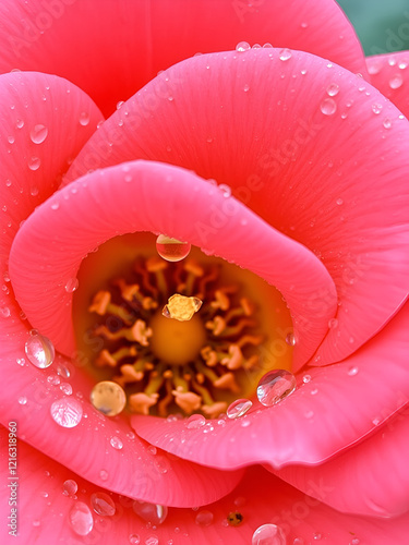 Dew drops settle on the petals of a bright coral colored rose. with copy space image. Place for adding text or design photo