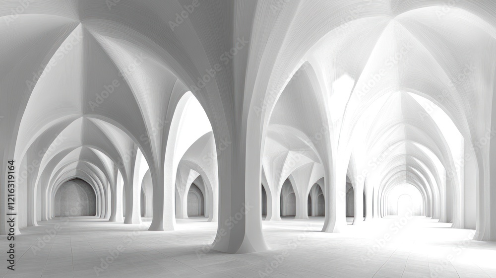 Fototapeta premium Monochromatic White Hallway Archway Columns Light Architecture Design