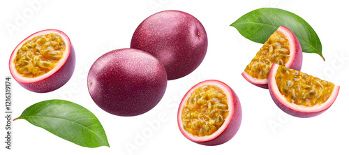 Isolated passion fruit. Passion fruits and maracuya leaves isolated on white background with clipping path