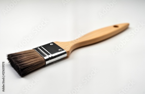 New clean paintbrush rests on white surface. Wooden handle, metal cap. Handy tool for decorating painting projects. Perfect for craft work home improvement. Artistic object for creative individuals,
