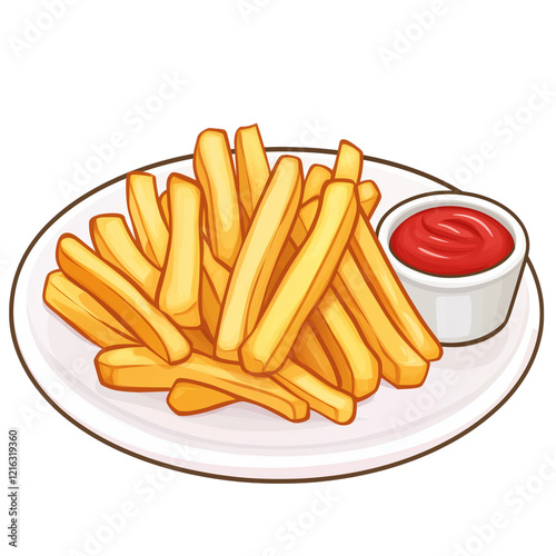Crispy French Fries Serving on White Plate, Accompanied by Small Bowl of Ketchup, Illustrating Fast Food Culture and Casual Dining