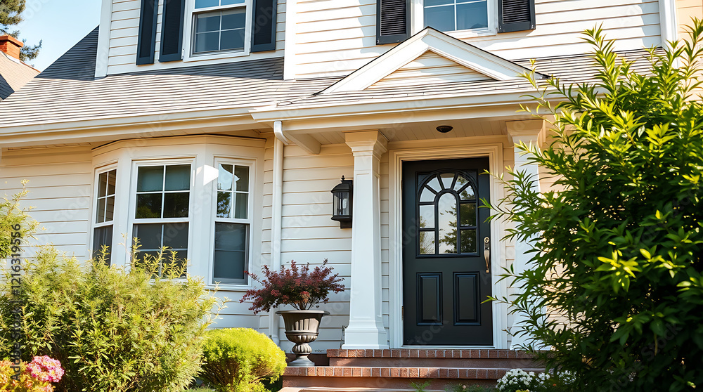 Fototapeta premium Dream Suburban House: Classic Architecture, Landscaped Garden, and Inviting Entrance. Discover the perfect blend of comfort and style in this beautiful home exterior.