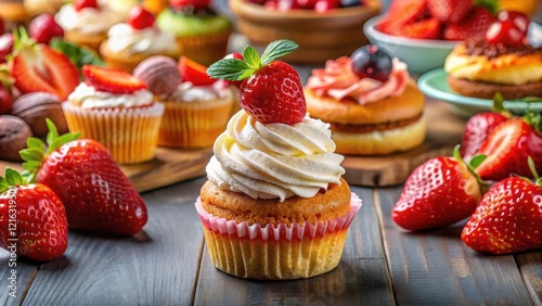 A colorful cupcake with fresh strawberries on top and a dollop of whipped cream, pastries, dessert,  pastries