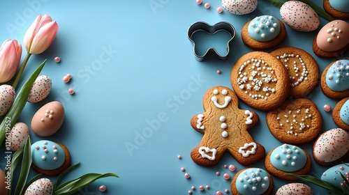 Festive baking setup with Easter. a table adorned with playful gingerbreads, a cookie cutter, chocolate eggs, candies, sugar sprinkles, and tulips on a soft blue backdrop with ad space available. photo