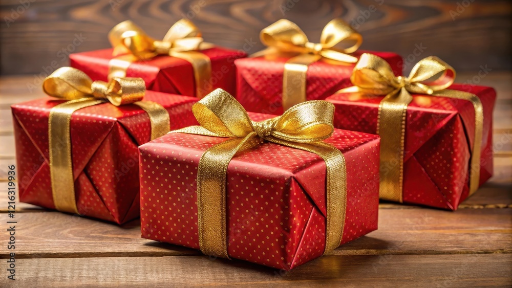 Decorative gift boxes wrapped in red parcel paper with golden cockade , gift boxes, elegant, gift boxes Decorative gift boxes wrapped in red parcel paper with golden cockade , gift boxes, elegant, gift boxes