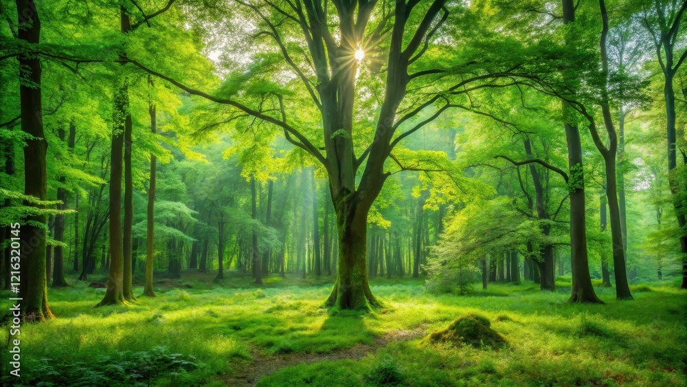 Naklejka premium A lush green forest with a single tree in the foreground surrounded by tall trees and underbrush , forest, nature, forest