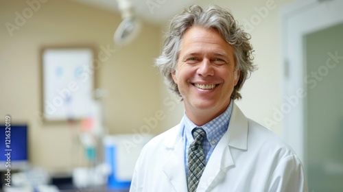 photograph of Portrait of smiling doctor in medical practice on white background telephoto lens realistic daylight cool color