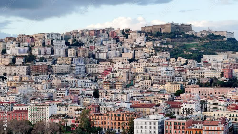 Drone shot of colorful Naples houses and a castle