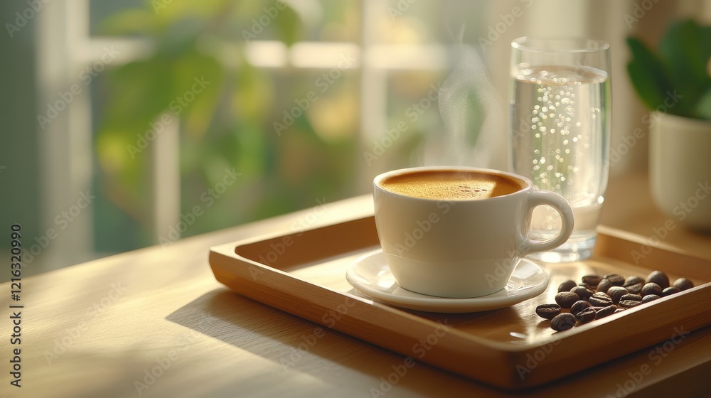 Fototapeta premium Morning Coffee with Water on Wooden Tray 