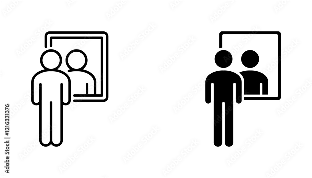 Mirror icon set. Person standing in front mirror of reflection sign. vector illustration on white background Mirror icon set. Person standing in front mirror of reflection sign. vector illustration on white background