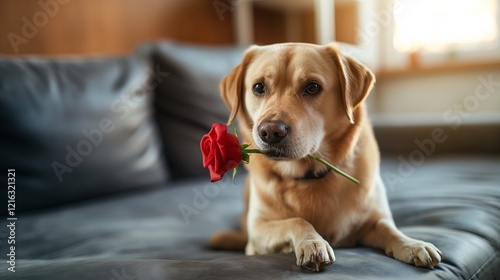 Golden Retriever puppy holding a red rose in his mouth, sitting on a sofa in a living room inside the house. Copy space. photo