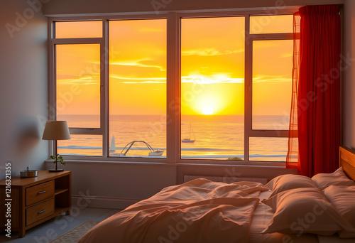 Cozy bedroom interior, large windows with ocean view, vibrant sunset, golden hour light, rumpled bedsheets, bedside table with lamp, red curtains, warm color palette, serene atmosphere, high-contrast 