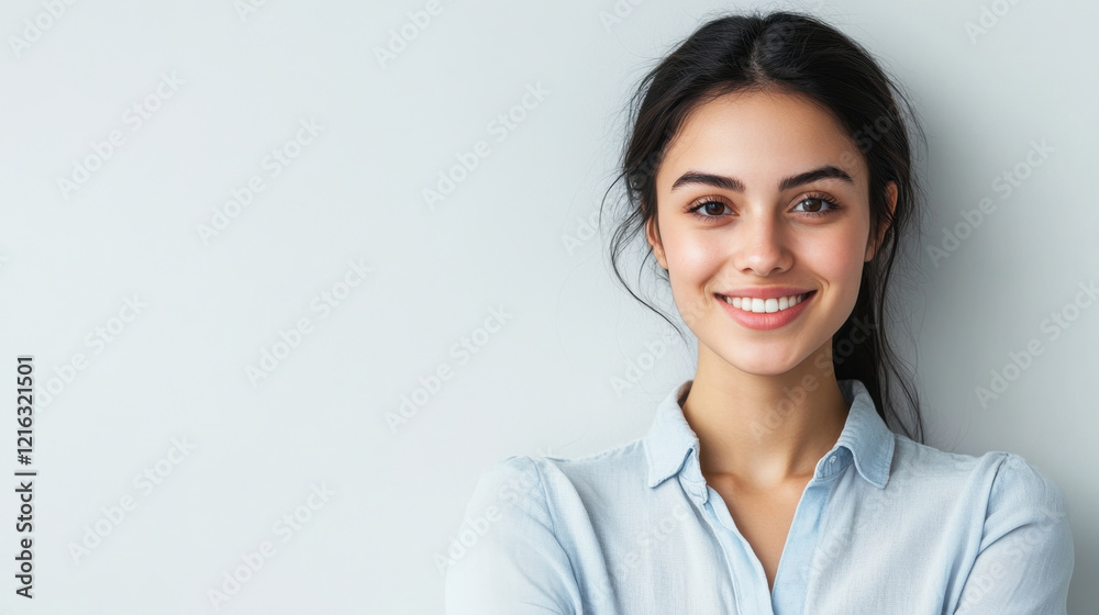young woman with long dark hair smiles confidently against light background, wearing casual blue shirt. Her expression conveys warmth and approachability young woman with long dark hair smiles confidently against light background, wearing casual blue shirt. Her expression conveys warmth and approachability