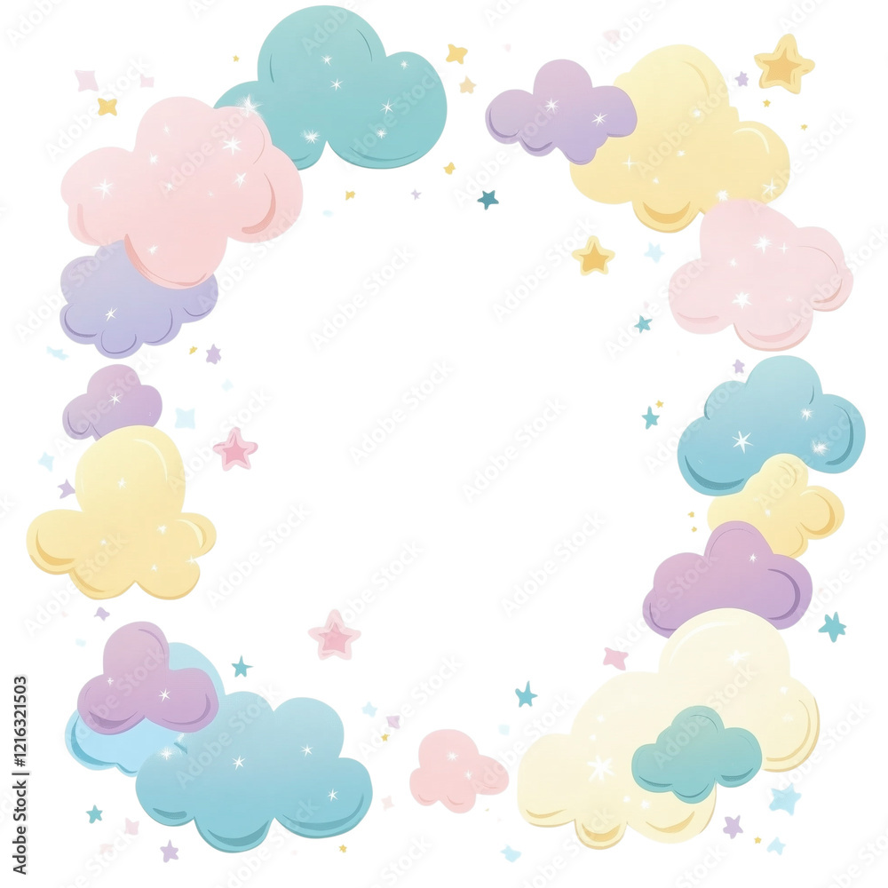 Cute Pastel Clouds Frame, Isolated on White, Whimsical Sky Design, Soft Colors, Emphasizing Childlike Joy and Dreamy Atmosphere Cute Pastel Clouds Frame, Isolated on White, Whimsical Sky Design, Soft Colors, Emphasizing Childlike Joy and Dreamy Atmosphere