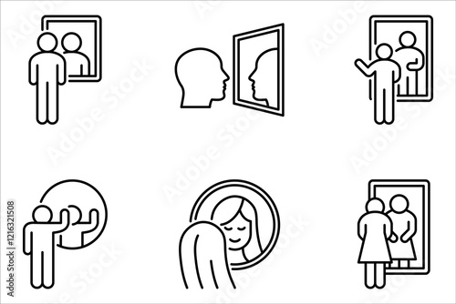Mirror icon set. Person standing in front mirror of reflection sign. vector illustration on white background