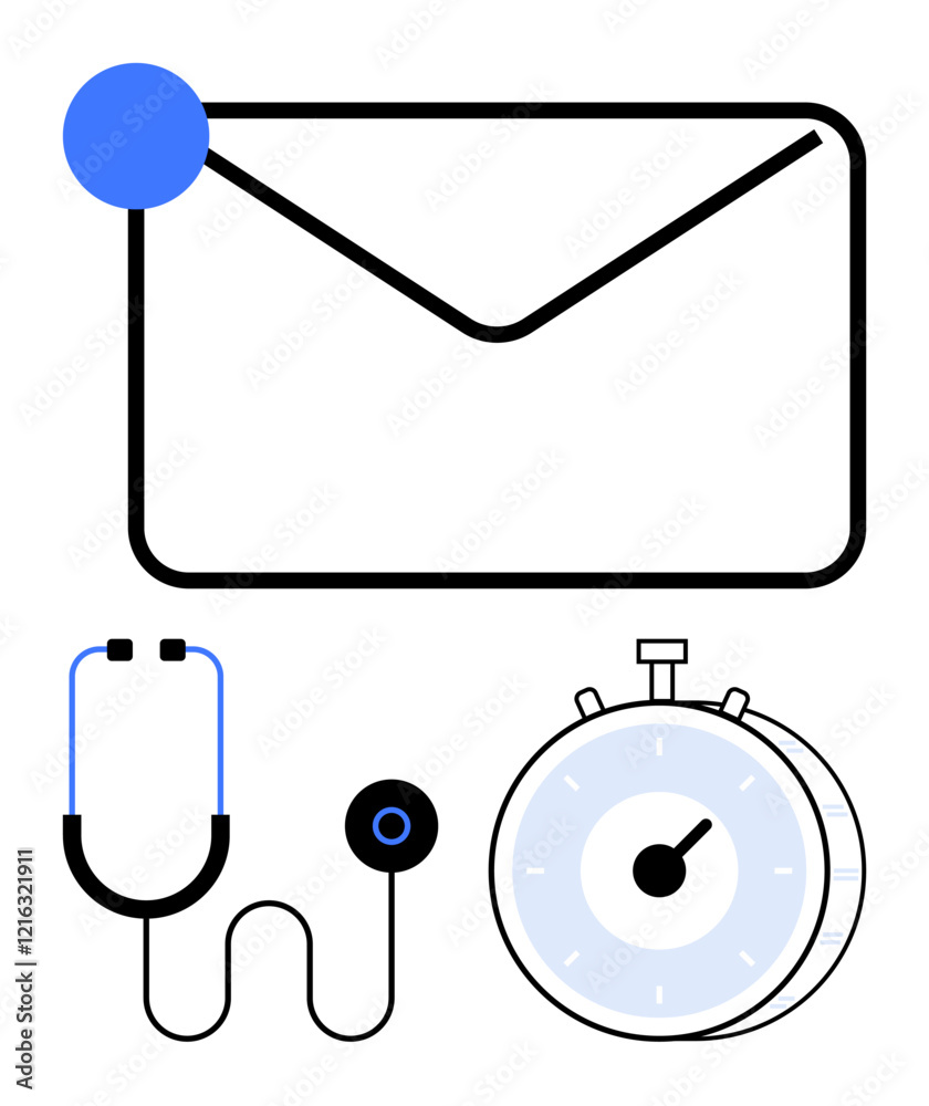 Envelope with notification, stethoscope, and stopwatch. Ideal for healthcare communication, medical updates, time management, rapid response, data assessment, task prioritization abstract line flat Envelope with notification, stethoscope, and stopwatch. Ideal for healthcare communication, medical updates, time management, rapid response, data assessment, task prioritization abstract line flat