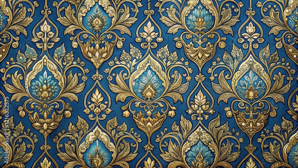 Traditional Middle Eastern-inspired decorative fabric with intricate damask pattern featuring gold and blue motifs, perfect for interior design projects, damask pattern, gold accents Traditional Middle Eastern-inspired decorative fabric with intricate damask pattern featuring gold and blue motifs, perfect for interior design projects, damask pattern, gold accents