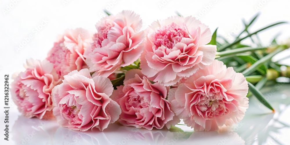 Delicate Pink Carnations with intricate details and soft petals arranged in a loose bouquet on a white background, garden decor, pink blossom Delicate Pink Carnations with intricate details and soft petals arranged in a loose bouquet on a white background, garden decor, pink blossom