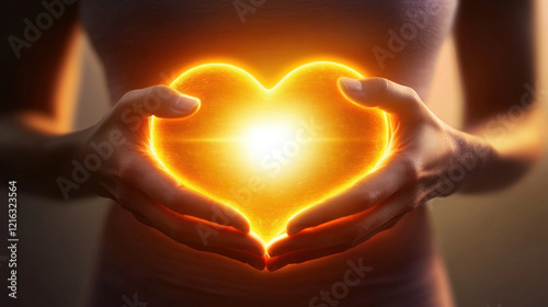 person holding glowing heart shape in their hands, symbolizing love and warmth. radiant light emanates from heart, creating serene and uplifting atmosphere