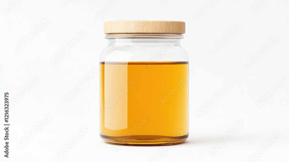 A glass jar filled with golden liquid. A glass jar filled with golden liquid.