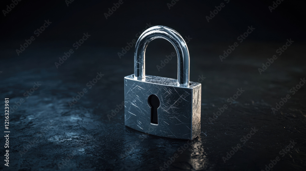 Fototapeta premium close up image of metallic padlock on dark surface, symbolizing security and protection. shiny surface reflects light, enhancing its visual appeal