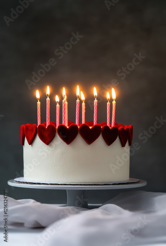 A delicious Valentine day romantic love cake decorated with hearts