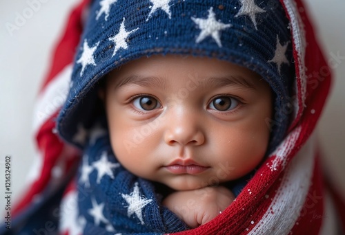 Cute Latino baby wrapped in an American flag, symbolizing birthright citizenship in the United States.