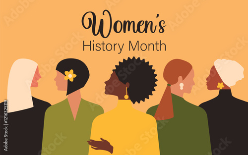 Women's History Month. Women of different nationalities for equal rights. Vector