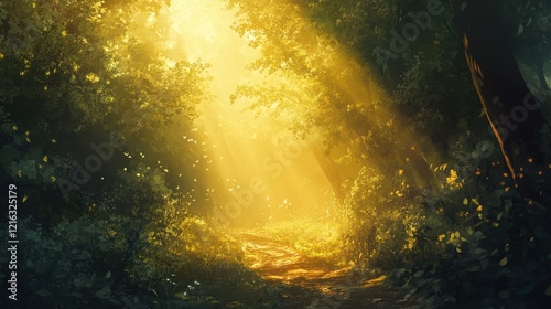 A sunlit path through a dense forest, with golden beams photo