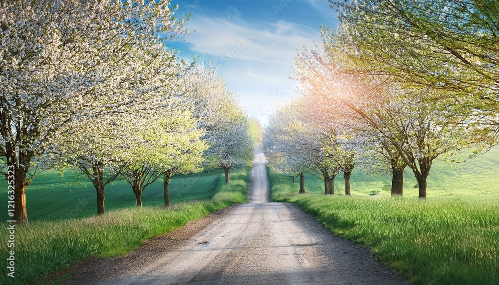 Scenic Spring Road – Tree-Lined Path with Fresh Green Foliage and Blooming Countryside Landscape