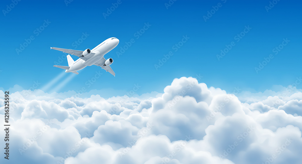 Plane flies in blue sky above clouds, leaving trail behind it. Illustration, vector template for webpage header
Plane flies in blue sky above clouds, leaving trail behind it. Illustration, vector template for webpage header