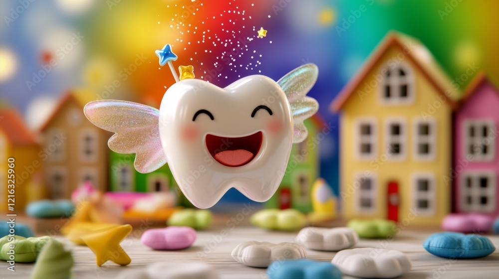 Fototapeta premium Joyful Tooth Fairy Character Flying Over Colorful Toy Houses