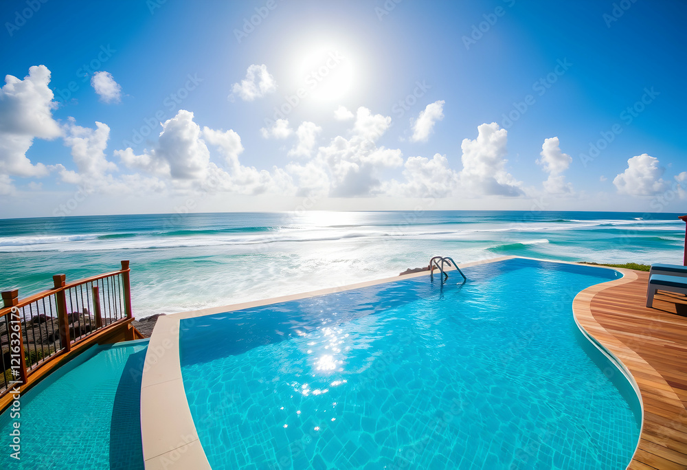 Fototapeta premium Luxurious white mansion, expansive swimming pool, tropical palm trees, clear blue sky, sunny day, elegant architecture, large windows, poolside terrace, terra cotta planters, manicured lawn, high-end 
