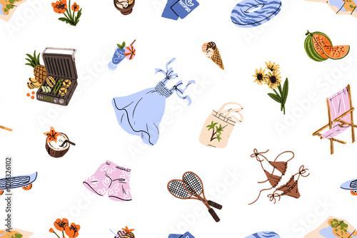 Repeatable pattern of summer holiday items. Endless background with tourists' stuff, beach accessories. Things for travel to sea resort: bikini, chaise lounge. Flat seamless vector illustration