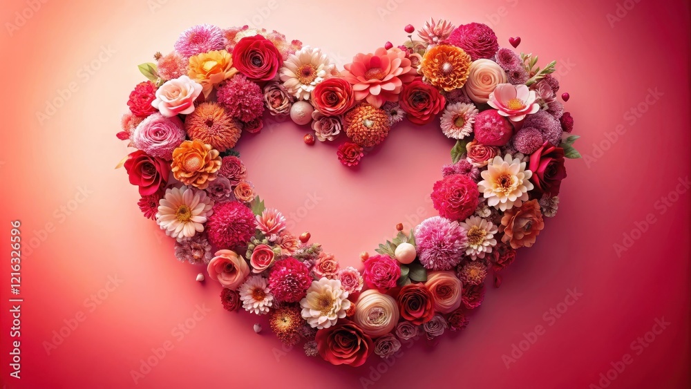 Red heart shape made of flowers in a Valentine's Day background with soft pink and red hues Red heart shape made of flowers in a Valentine's Day background with soft pink and red hues