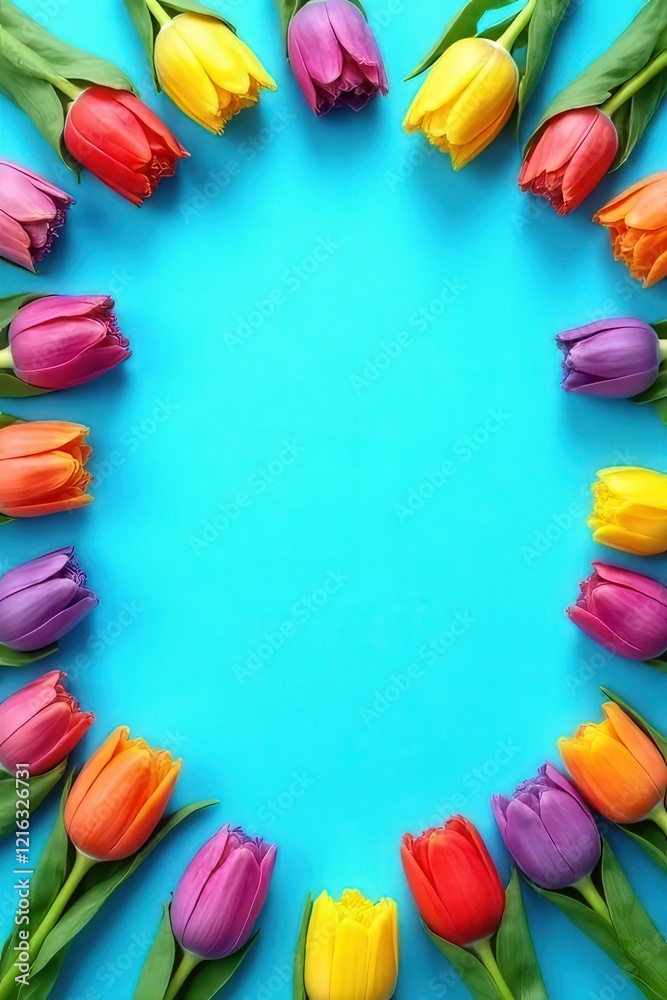 Bright Blue Frame Surrounded by Colorful Tulips on Blue Background Bright Blue Frame Surrounded by Colorful Tulips on Blue Background