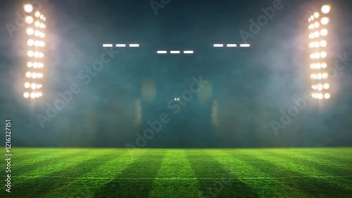 stadium Moving lights, animated flash with people fans. 3d render illustration cloudy sunset