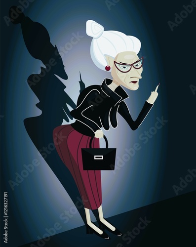 The image, made in vector graphics, shows an elderly woman making a characteristic gesture.