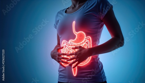 Woman feels abdominal pain. Digestive system glowing. Health concept. Gut health illustration. Focus on internal well-being. Illustration highlights importance of digestion. Woman showing stomach photo