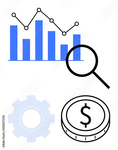 Bar chart with trend line, magnifying glass, gear icon, and dollar coin concept for analysis, innovation, economics, market growth, strategy, business solutions and abstract line flat metaphor