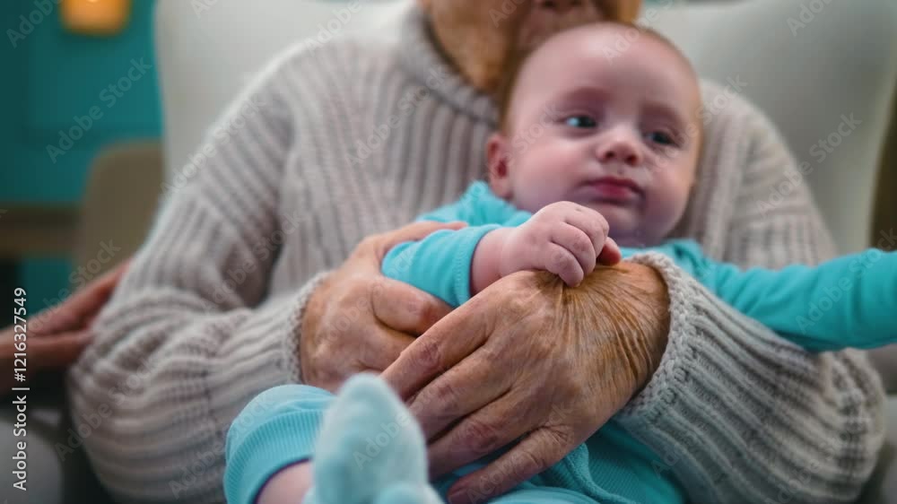 An 80-year-old great-grandmother is sitting in an armchair and holding her great-grandson's 3-month-old newborn baby in her lap at home An 80-year-old great-grandmother is sitting in an armchair and holding her great-grandson's 3-month-old newborn baby in her lap at home