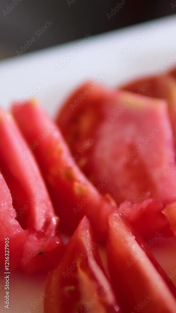 Cutting Tomato Slice with Sharp Knife on the Wooden Chopping Board and Splashing Water in Slow Motion Cutting Tomato Slice with Sharp Knife on the Wooden Chopping Board and Splashing Water in Slow Motion