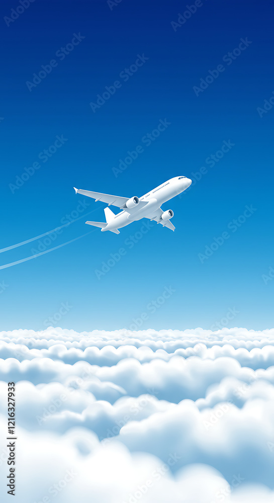 Obraz premium Plane flies in blue sky above clouds, leaving trail behind it. Illustration, vector template for webpage header 
